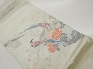 尾長鳥に花々模様織出し名古屋帯